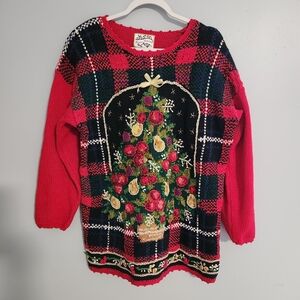 Heirloom Collectibles Festive Red Plaid Christmas Tree Sweater Size L